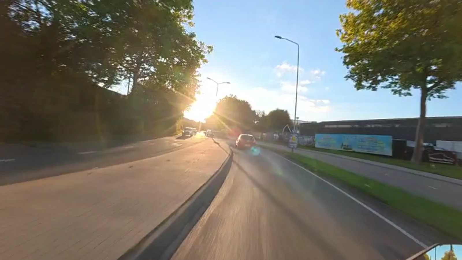 An evening ride into low sun, as the camera recorded it.