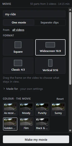 The colour section: seven looks as tiles, each previewed on a frame of the open ride.
