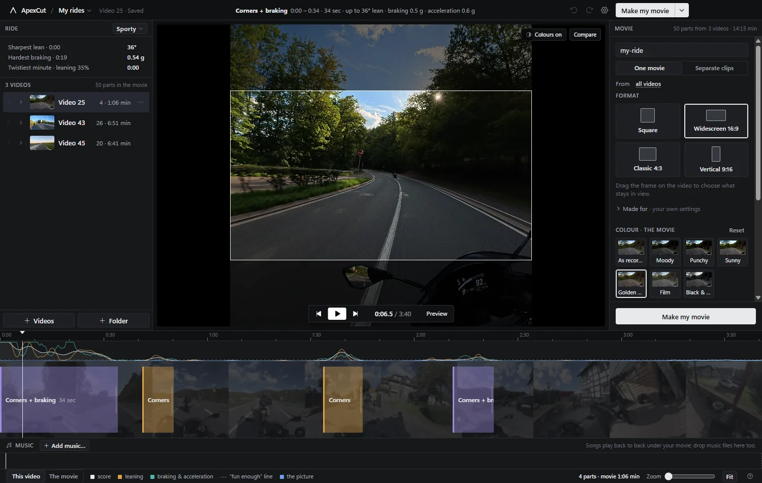 The ApexCut editor: a ride in the middle of the screen, the parts it found along the timeline underneath, and the movie panel on the right.