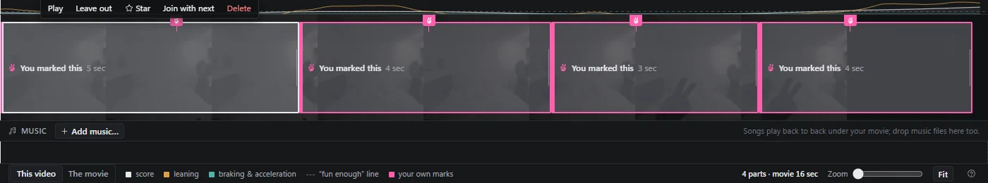 A timeline with four parts marked by the rider, in pink, each with a flag at the moment the fingers went up.