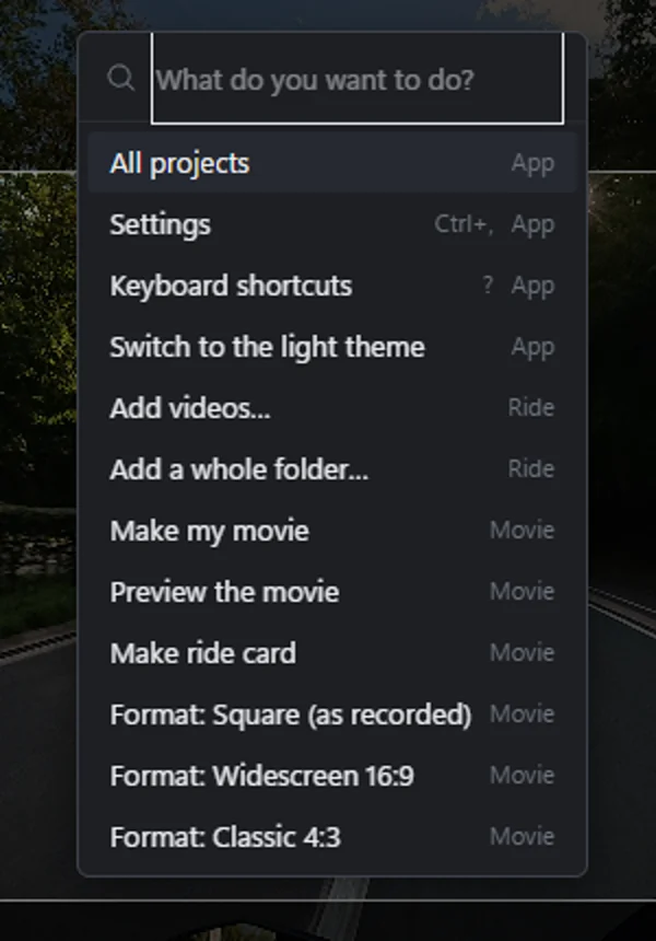 The command palette, opened with Ctrl+K, listing projects, settings, formats and the make-movie commands.