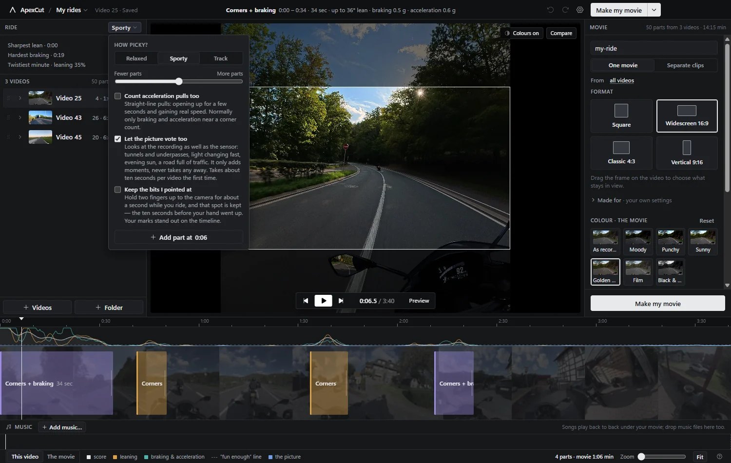 The How picky panel: presets, a fewer-or-more-parts slider and the optional switches.