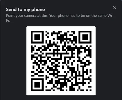 Send to my phone: a QR code that opens the finished movie on a phone over the same Wi-Fi.
