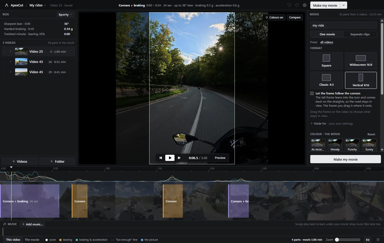 The vertical format, with the crop frame drawn on the video and the follow-the-corners switch.