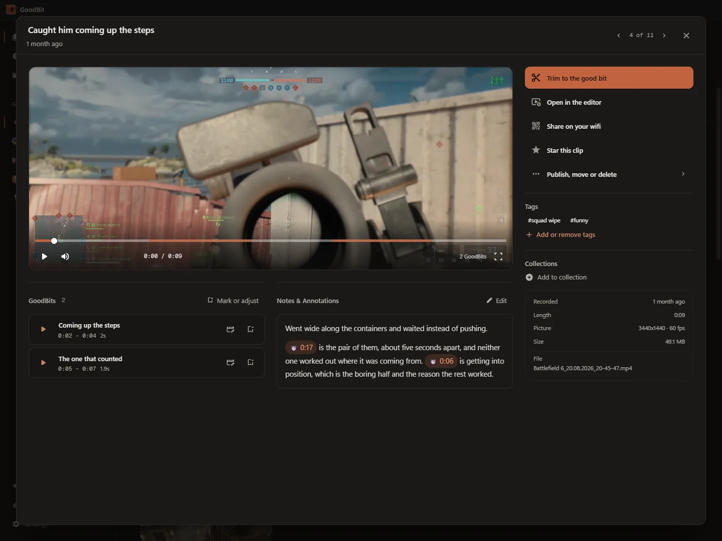 A clip's page: the video paused in GoodBit's own player, with two marked ranges drawn as orange bands in the progress bar, the same two listed below it with their in and out times, a note whose timestamps have become chips that seek the clip, and a panel on the right with the actions, the tags, the collection and the file information showing 3440 by 1440 at 60 fps.