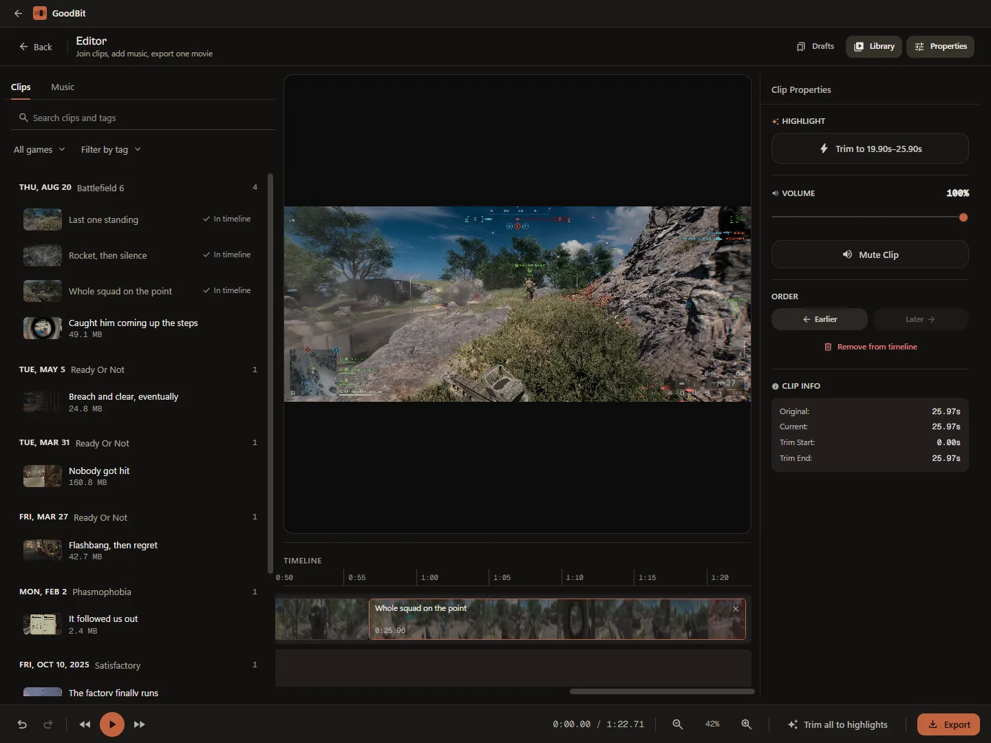 The editor: a clip library on the left, a Battlefield 6 preview in the middle above a timeline holding two named clips on the video lane with a music lane under it, and a properties panel on the right offering to trim the selected clip to 19.80 to 25.80 seconds.