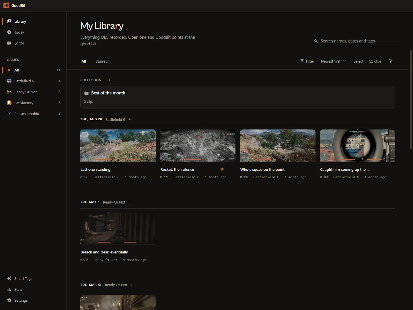 The GoodBit library: eleven clips grouped under the day they were recorded, each card showing a thumbnail, the name somebody gave it, its length, size, age and tags, with orange bands over the thumbnail marking the moments marked in that clip. The sidebar lists Battlefield 6, Ready Or Not, Satisfactory and Phasmophobia with a count each, and a Best of the month collection sits above the clips.