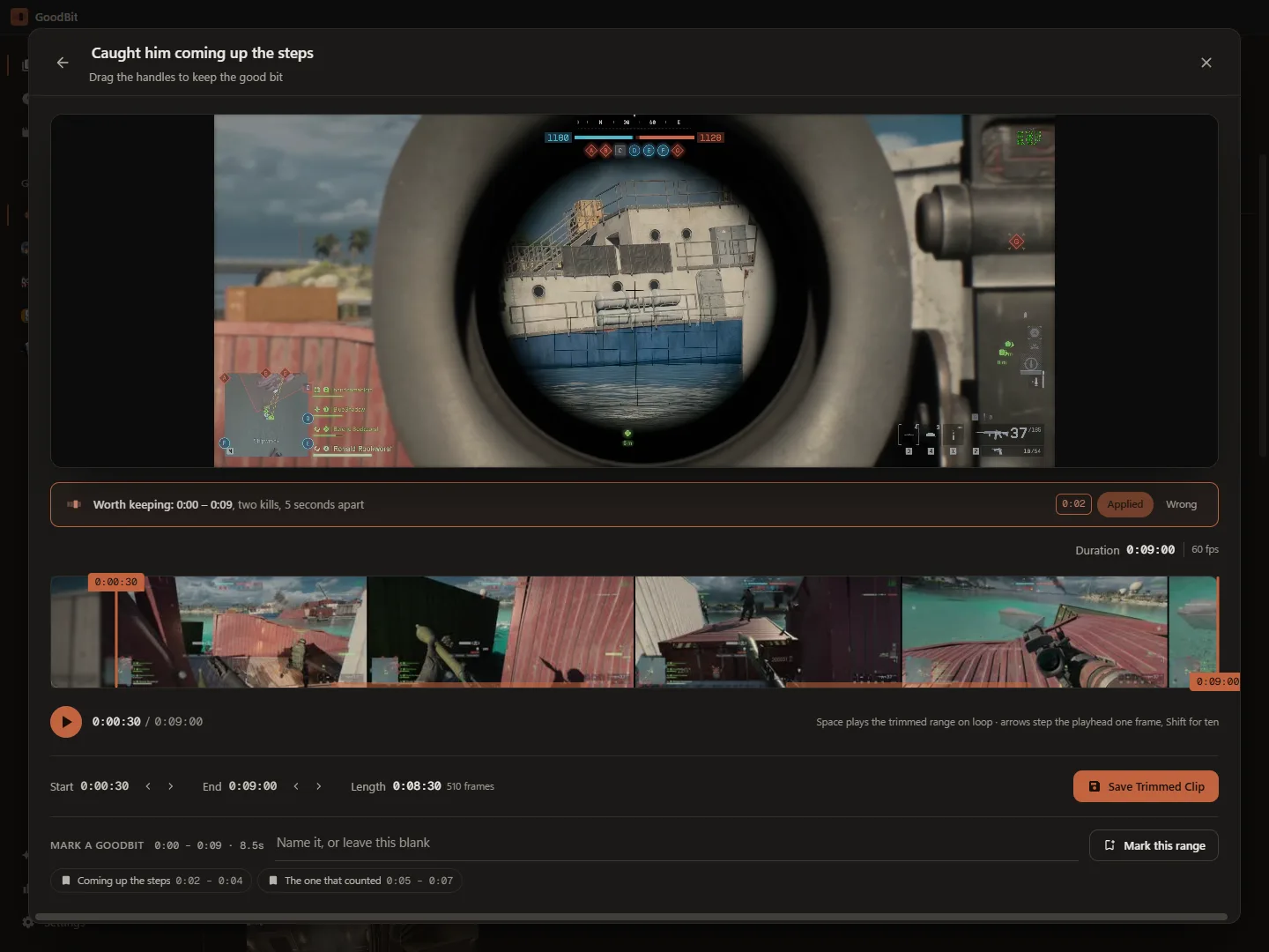The trim screen: a Battlefield 6 clip above a frame strip with orange start and end handles, a suggestion banner reading Worth keeping 0:16 to 0:25, two kills, 5 seconds apart, with buttons to use it or call it wrong, and the two moments already marked on this clip listed underneath.